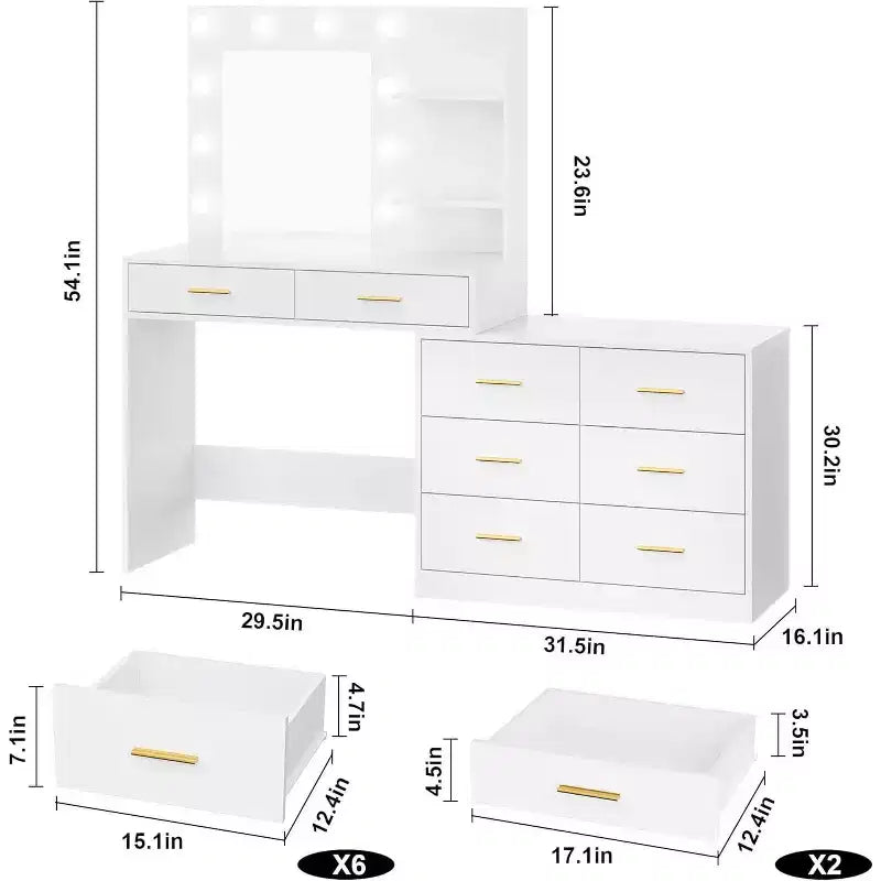 Tocador de maquillaje de 61 pulgadas con espejo y luces, tocador con 8 cajones de almacenamiento amplios y 3 modos de iluminación con brillo ajustable para dormitorio