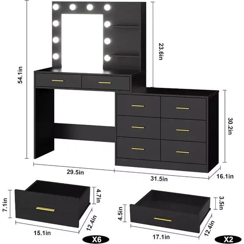 Tocador de maquillaje de 61 pulgadas con espejo y luces, tocador con 8 cajones de almacenamiento amplios y 3 modos de iluminación con brillo ajustable para dormitorio
