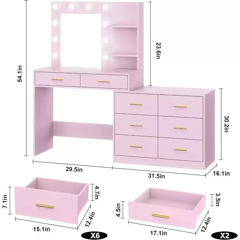 Tocador de maquillaje de 61 pulgadas con espejo y luces, tocador con 8 cajones de almacenamiento amplios y 3 modos de iluminación con brillo ajustable para dormitorio