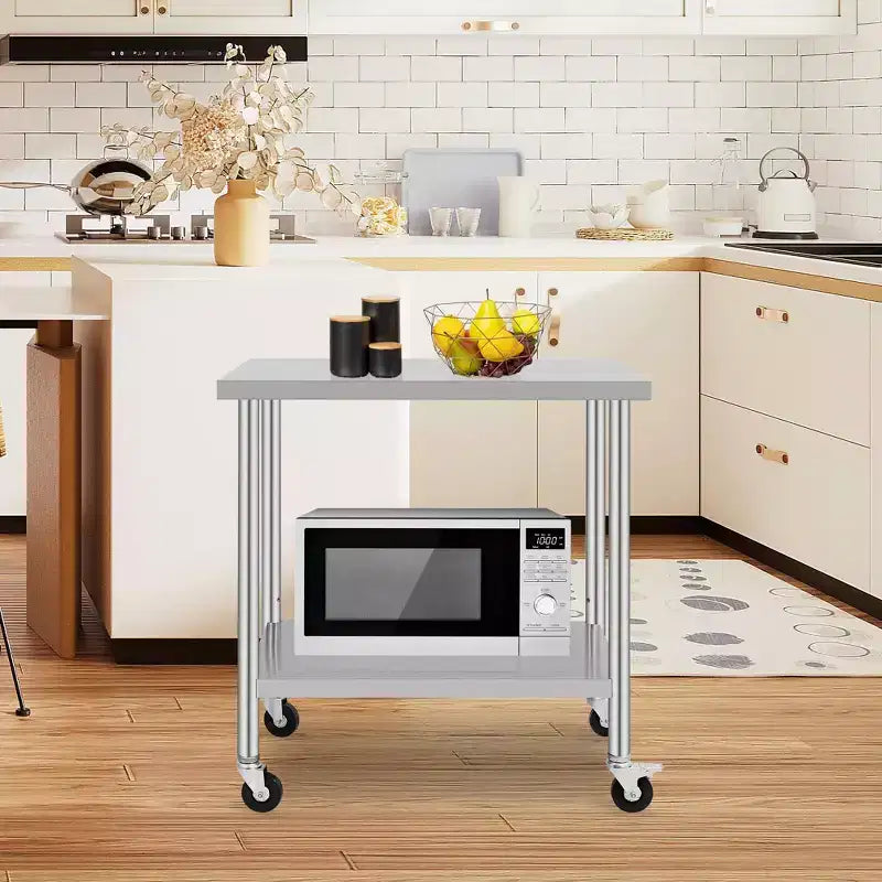 Mesa de Trabajo de Acero Inoxidable con Ruedas - Mesa de Preparación Comercial con Estante Ajustable, Capacidad de 300 lb
