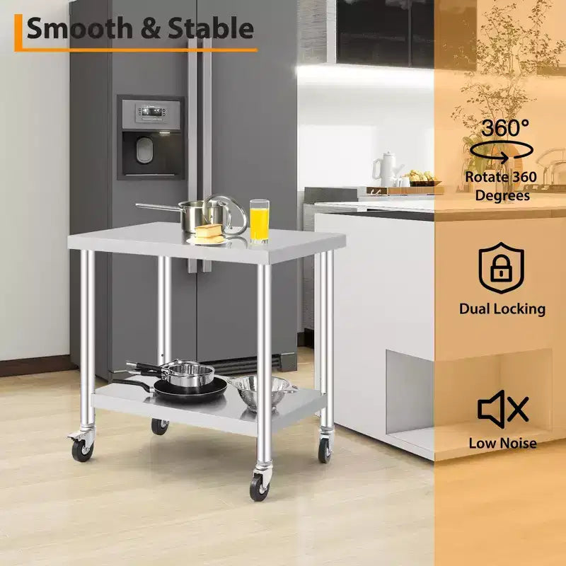 Mesa de Trabajo de Acero Inoxidable con Ruedas - Mesa de Preparación Comercial con Estante Ajustable, Capacidad de 300 lb