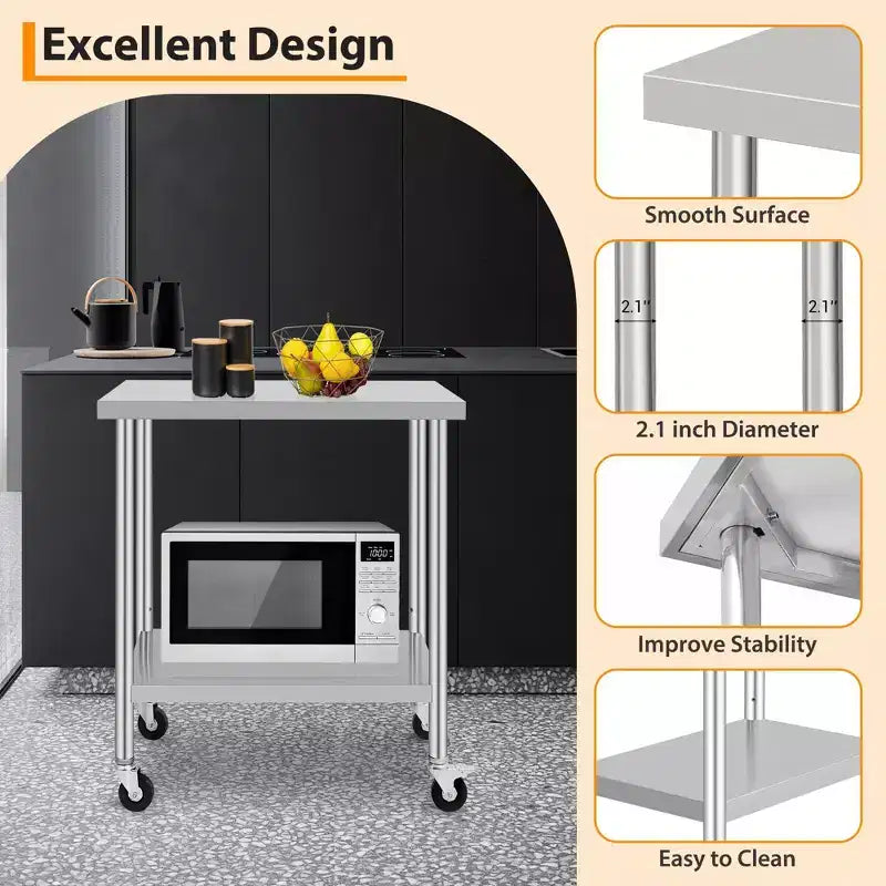 Mesa de Trabajo de Acero Inoxidable con Ruedas - Mesa de Preparación Comercial con Estante Ajustable, Capacidad de 300 lb