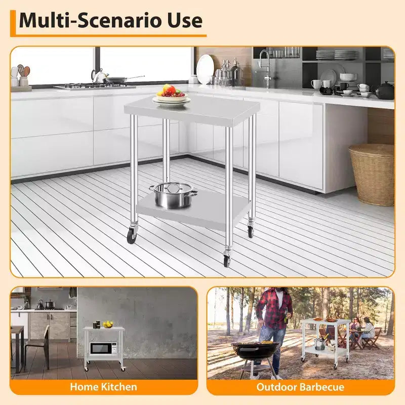 Mesa de Trabajo de Acero Inoxidable con Ruedas - Mesa de Preparación Comercial con Estante Ajustable, Capacidad de 300 lb