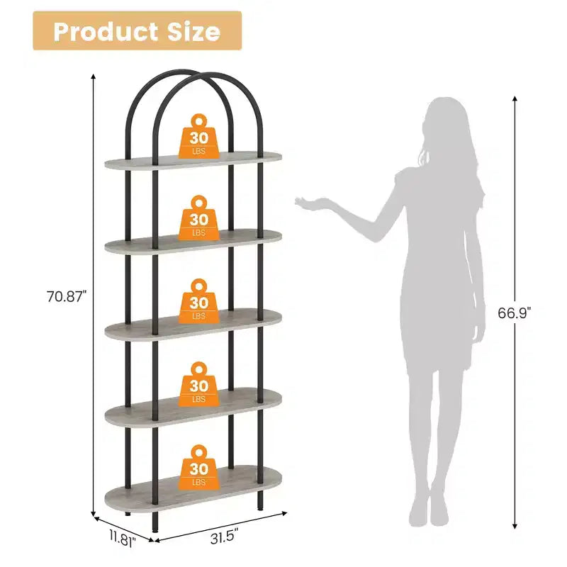 Estantería para salón - Librería arqueada de 5 niveles de 71 pulgadas con estructura metálica, estantería de almacenamiento independiente para dormitorio, oficina