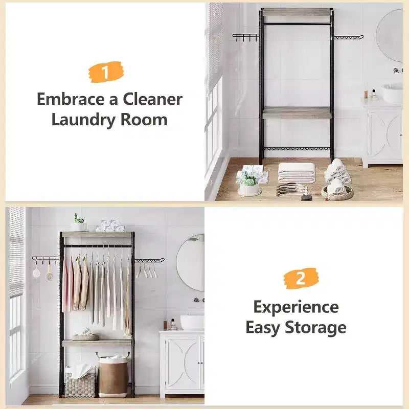 Organizador de lavandería ajustable Acekool 30 - Estante de almacenamiento de 4 niveles con ganchos de secado (gris/negro)