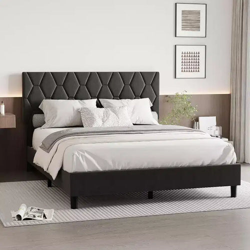 Acekool Upholstered Platform Bed - Queen Size with Headboard & Wood Slats