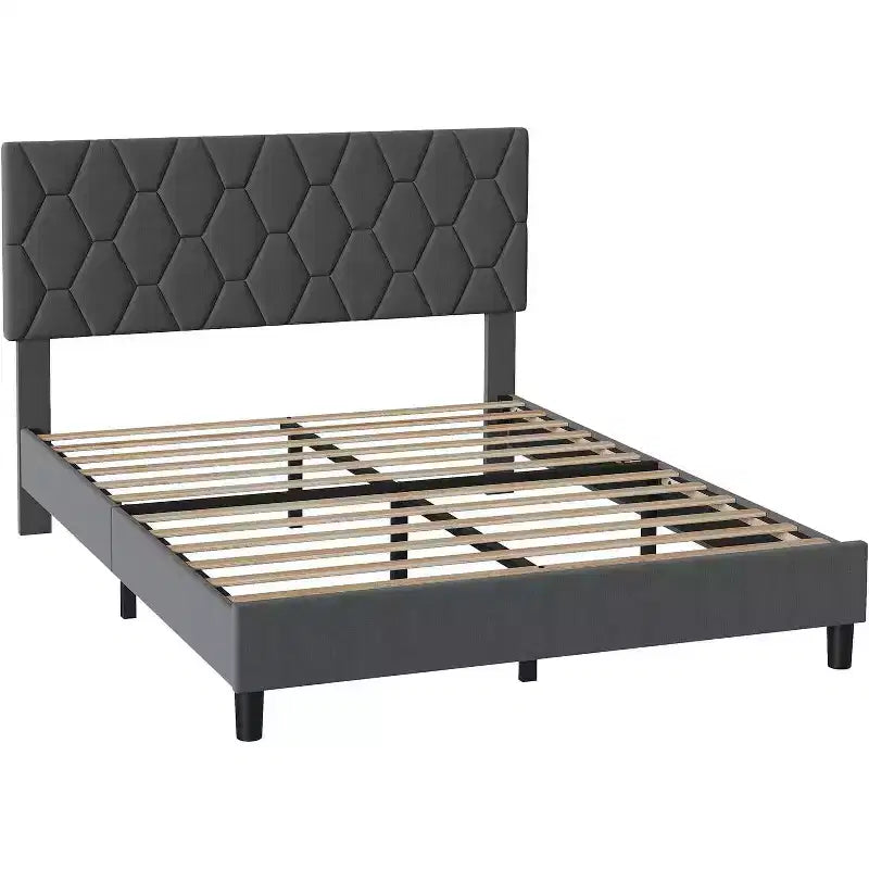 Cama de plataforma tapizada Acekool - Tamaño Queen con cabecero y listones de madera
