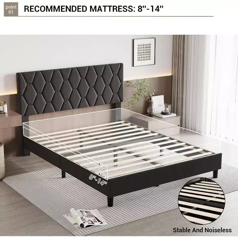Cama de plataforma tapizada Acekool - Tamaño Queen con cabecero y listones de madera