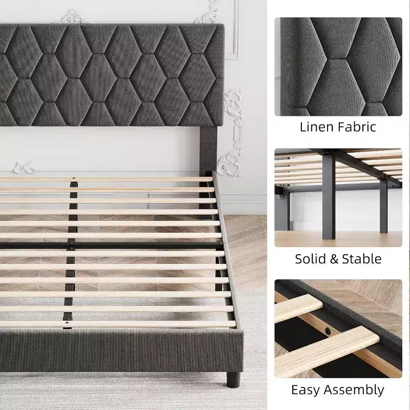 Cama de plataforma tapizada Acekool - Tamaño Queen con cabecero y listones de madera