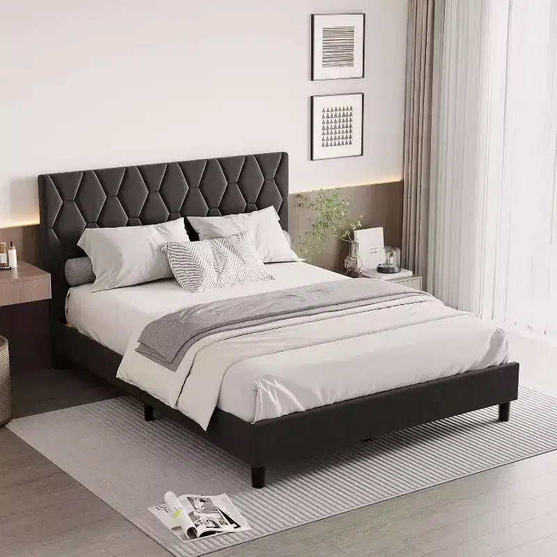 Cama de plataforma tapizada Acekool - Tamaño Queen con cabecero y listones de madera