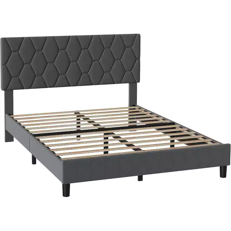 Cama de plataforma tapizada Acekool - Tamaño Queen con cabecero y listones de madera