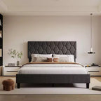 Cama de plataforma tapizada Acekool - Tamaño Queen con cabecero y listones de madera