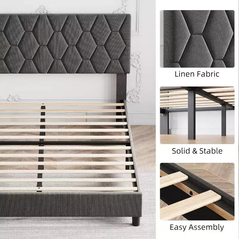 Cama de plataforma tapizada Acekool - Tamaño Queen con cabecero y listones de madera