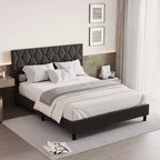 Cama de plataforma tapizada Acekool - Tamaño Queen con cabecero y listones de madera