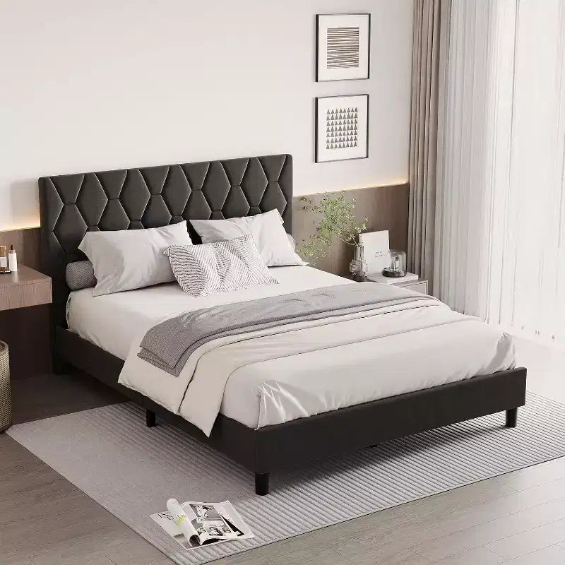 Cama de plataforma tapizada Acekool - Tamaño Queen con cabecero y listones de madera