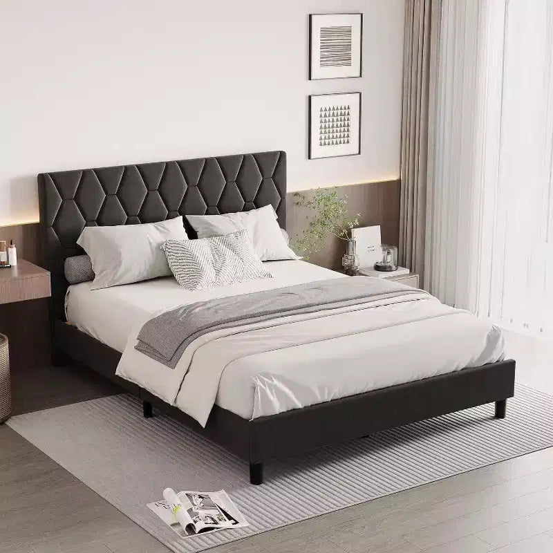 Cama de plataforma tapizada Acekool - Tamaño Queen con cabecero y listones de madera