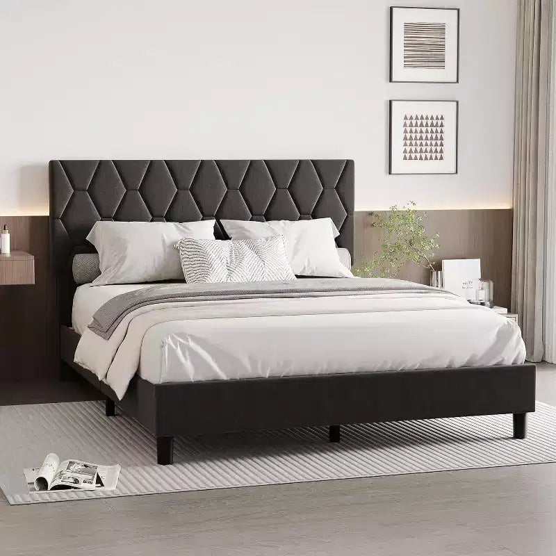 Cama de plataforma tapizada Acekool - Tamaño Queen con cabecero y listones de madera