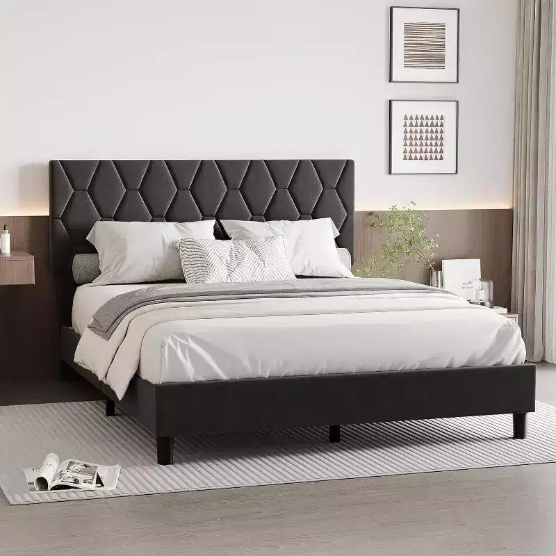 Cama de plataforma tapizada Acekool - Tamaño Queen con cabecero y listones de madera