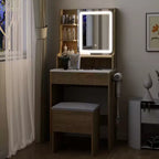ELECWISH Tocador de Maquillaje de 23.6" con Vetas de Madera con Espejo LED y Taburete - Iluminación de 3 Tonos, Estación de Carga USB, Soporte para Secador de Pelo, Estantes de Almacenamiento