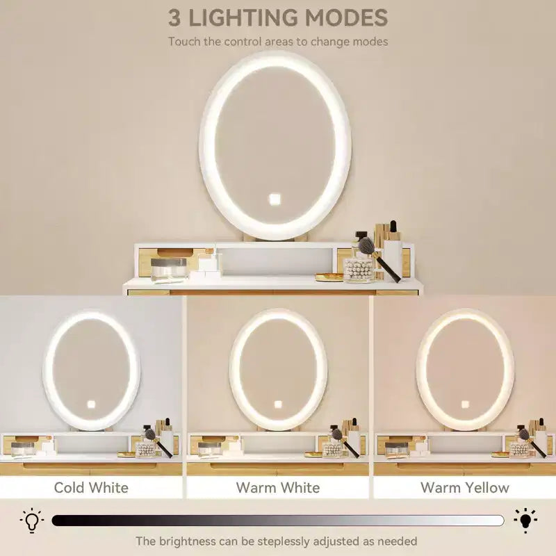 ELECWISH Tocador de Maquillaje de 23.6" con Vetas de Madera con Espejo LED y Taburete - Iluminación de 3 Tonos, Estación de Carga USB, Soporte para Secador de Pelo, Estantes de Almacenamiento