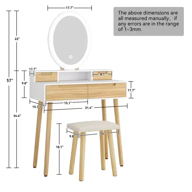 ELECWISH Tocador de Maquillaje de 23.6" con Vetas de Madera con Espejo LED y Taburete - Iluminación de 3 Tonos, Estación de Carga USB, Soporte para Secador de Pelo, Estantes de Almacenamiento
