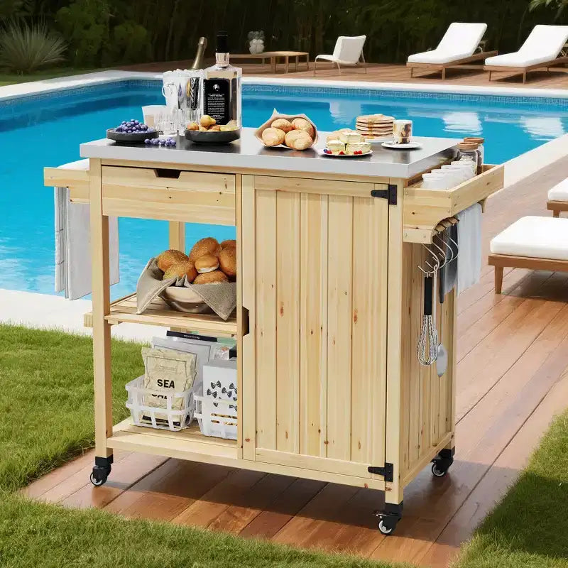 Carrito de parrilla exterior e isla de cocina con ruedas con parte superior de acero inoxidable - con cajón, especiero, estantes abiertos, ruedas, carrito de bar portátil para patio para barbacoa