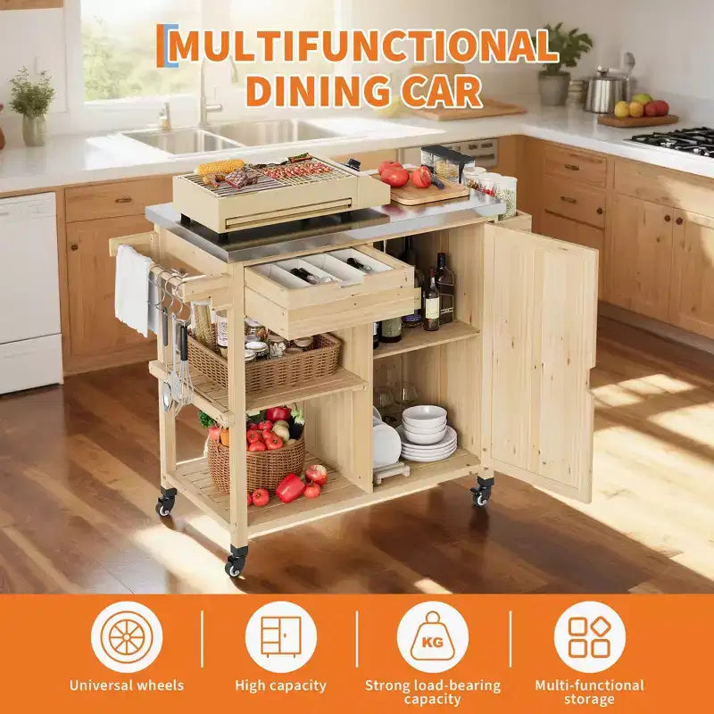 Carrito de parrilla exterior e isla de cocina con ruedas con parte superior de acero inoxidable - con cajón, especiero, estantes abiertos, ruedas, carrito de bar portátil para patio para barbacoa