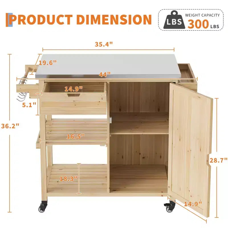 Carrito de parrilla exterior e isla de cocina con ruedas con parte superior de acero inoxidable - con cajón, especiero, estantes abiertos, ruedas, carrito de bar portátil para patio para barbacoa