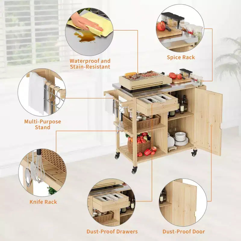 Carrito de parrilla exterior e isla de cocina con ruedas con parte superior de acero inoxidable - con cajón, especiero, estantes abiertos, ruedas, carrito de bar portátil para patio para barbacoa