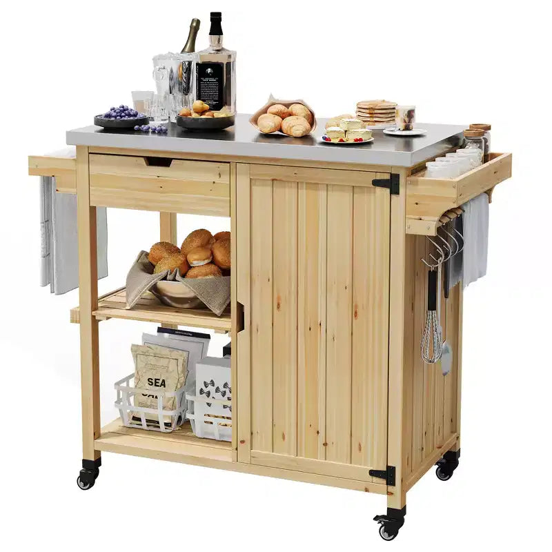 Carrito de parrilla exterior e isla de cocina con ruedas con parte superior de acero inoxidable - con cajón, especiero, estantes abiertos, ruedas, carrito de bar portátil para patio para barbacoa