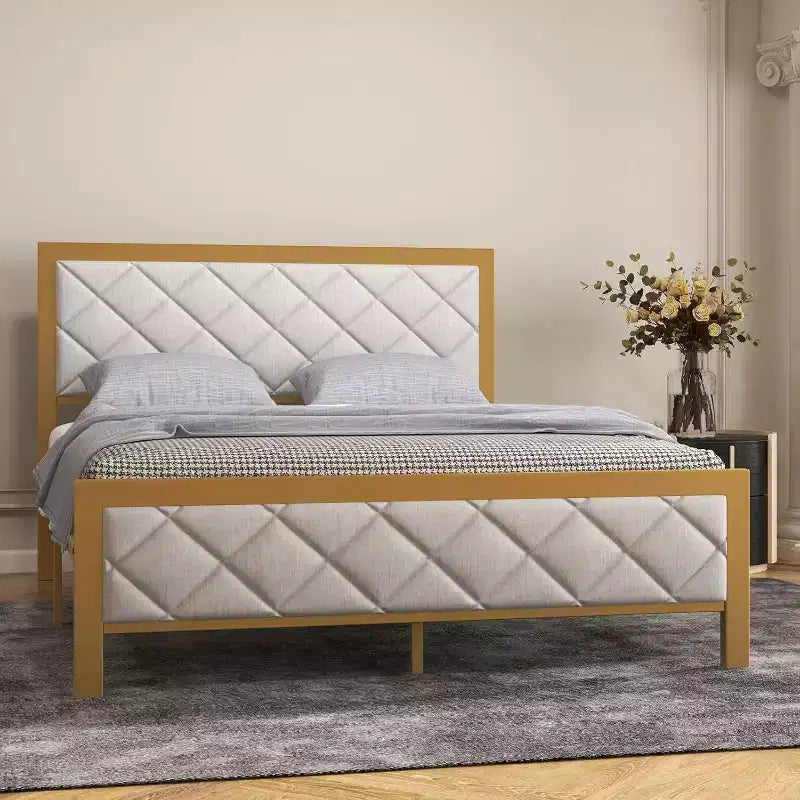 Estructura de cama de terciopelo Acekool - Cabecero acolchado y espacio de almacenamiento