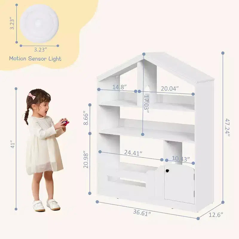 Acekool Estantería Infantil de 3 Niveles con Luz con Sensor de Movimiento, Organizador de Almacenamiento de Juguetes, Estantería de Madera con Forma de Casa para Dormitorio o Sala de Juegos, 120 cm de Alto
