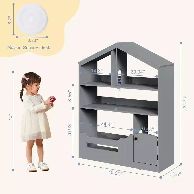 Acekool Estantería Infantil de 3 Niveles con Luz con Sensor de Movimiento, Organizador de Almacenamiento de Juguetes, Estantería de Madera con Forma de Casa para Dormitorio o Sala de Juegos, 120 cm de Alto