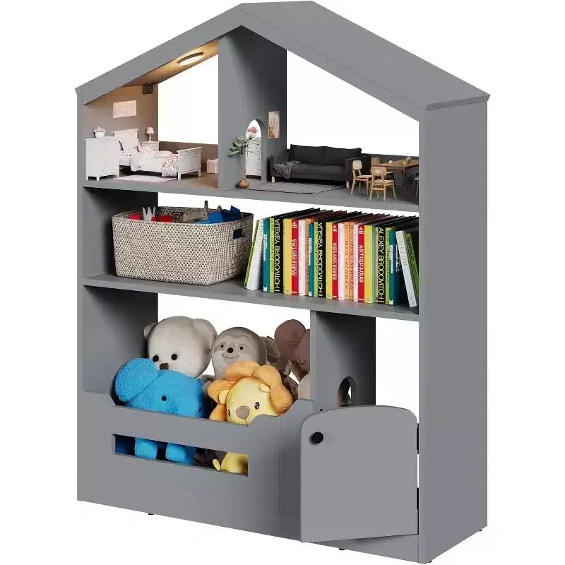 Acekool 3-Tier Kids Bookshelf with Motion Sensor Light, Toy Storage Organizer, Wooden House-Shaped Book Rack for Bedroom or Playroom, 47.2 Tall