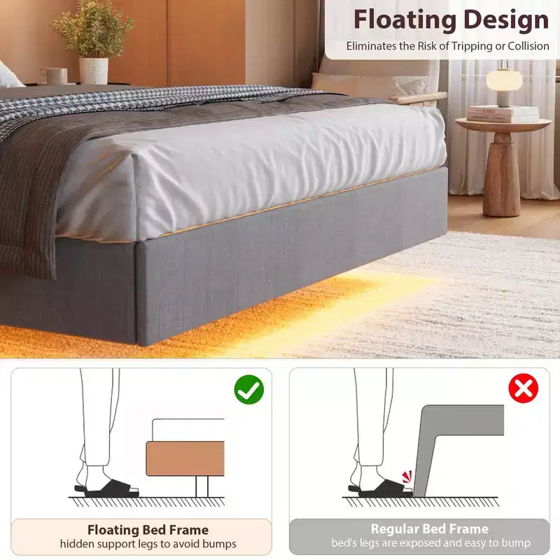 Base de Cama Flotante King con Luces LED y Estación de Carga USB, Cama Plataforma Tapizada con Cabecero, Soporte de Láminas de Madera Maciza, Sin Necesidad de Somier