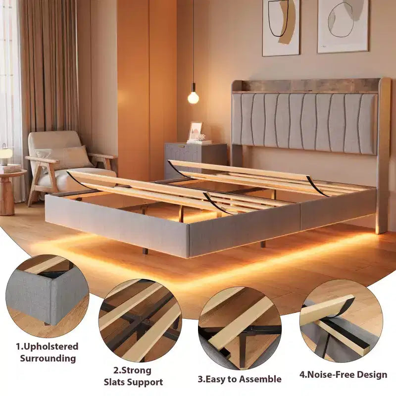 Base de Cama Flotante King con Luces LED y Estación de Carga USB, Cama Plataforma Tapizada con Cabecero, Soporte de Láminas de Madera Maciza, Sin Necesidad de Somier