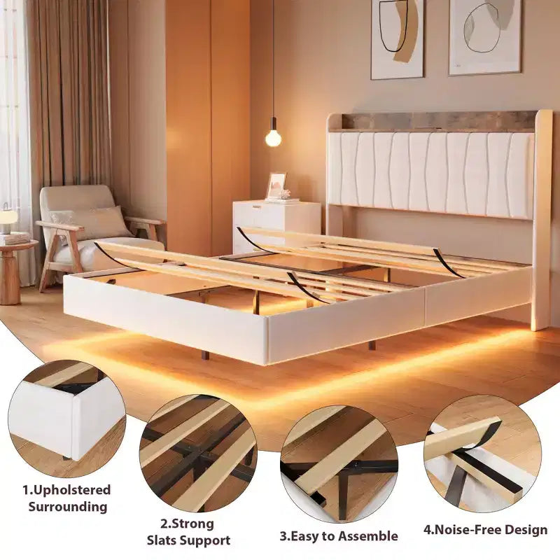 Base de Cama Flotante King con Luces LED y Estación de Carga USB, Cama Plataforma Tapizada con Cabecero, Soporte de Láminas de Madera Maciza, Sin Necesidad de Somier