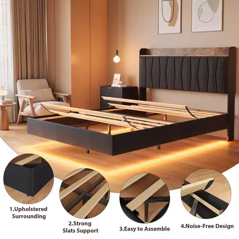 Base de Cama Flotante King con Luces LED y Estación de Carga USB, Cama Plataforma Tapizada con Cabecero, Soporte de Láminas de Madera Maciza, Sin Necesidad de Somier