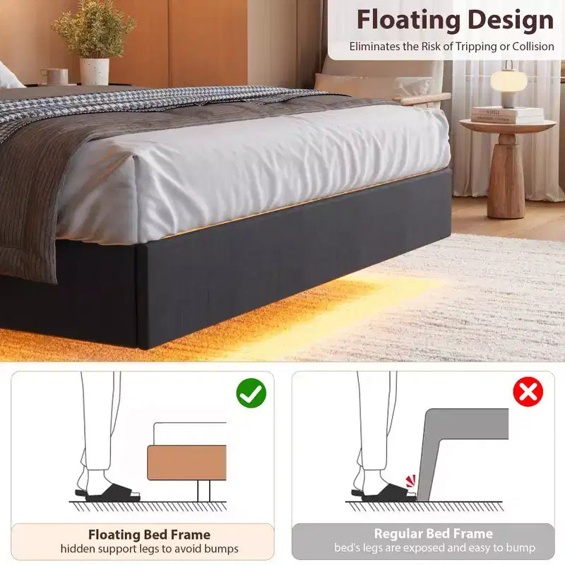 Base de Cama Flotante King con Luces LED y Estación de Carga USB, Cama Plataforma Tapizada con Cabecero, Soporte de Láminas de Madera Maciza, Sin Necesidad de Somier
