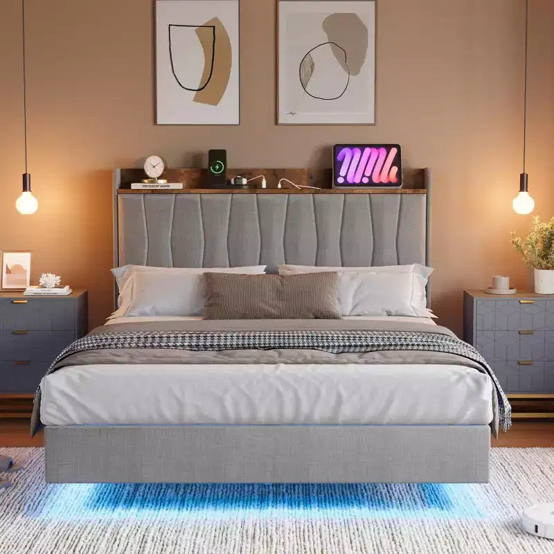 Base de Cama Flotante King con Luces LED y Estación de Carga USB, Cama Plataforma Tapizada con Cabecero, Soporte de Láminas de Madera Maciza, Sin Necesidad de Somier