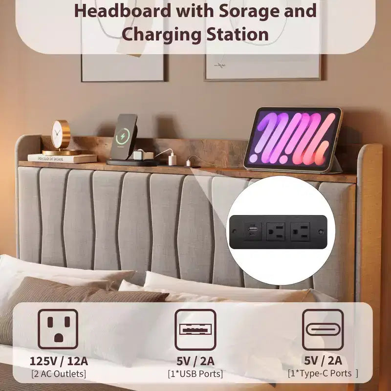 Base de Cama Flotante King con Luces LED y Estación de Carga USB, Cama Plataforma Tapizada con Cabecero, Soporte de Láminas de Madera Maciza, Sin Necesidad de Somier