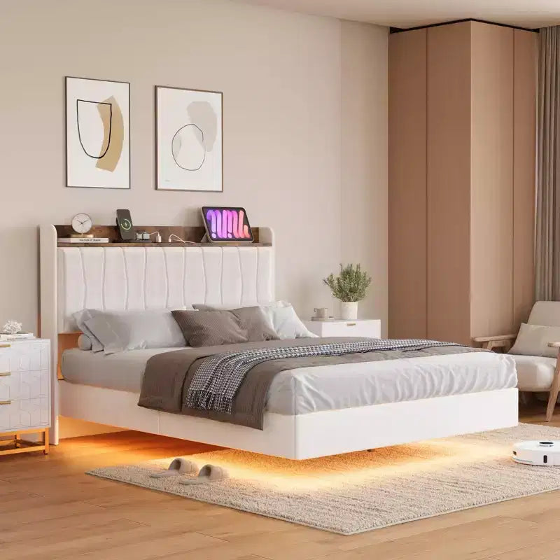 Base de Cama Flotante King con Luces LED y Estación de Carga USB, Cama Plataforma Tapizada con Cabecero, Soporte de Láminas de Madera Maciza, Sin Necesidad de Somier