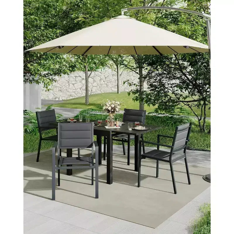 GustoWave Juego de 4 sillones apilables, sillas de comedor de aluminio para exterior con asientos acolchados gruesos, sillas de jardín apilables con reposabrazos