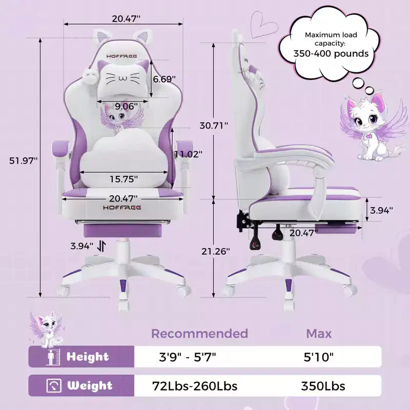 Silla Gaming Hoffree Rosa Linda Ergonómica para Niñas con Reposapiés y Masaje Lumbar
