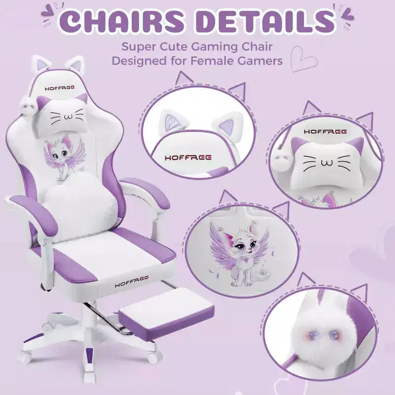 Silla Gaming Hoffree Rosa Linda Ergonómica para Niñas con Reposapiés y Masaje Lumbar