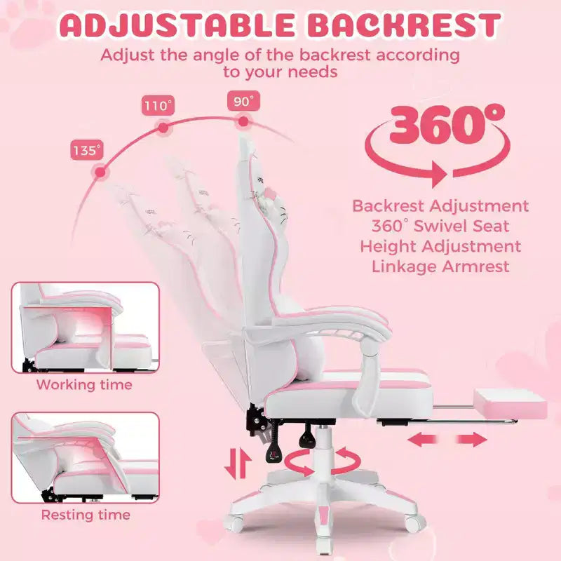 Silla Gaming Hoffree Rosa Linda Ergonómica para Niñas con Reposapiés y Masaje Lumbar