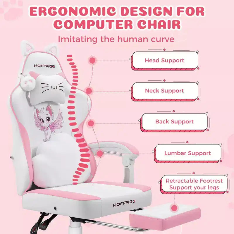 Silla Gaming Hoffree Rosa Linda Ergonómica para Niñas con Reposapiés y Masaje Lumbar