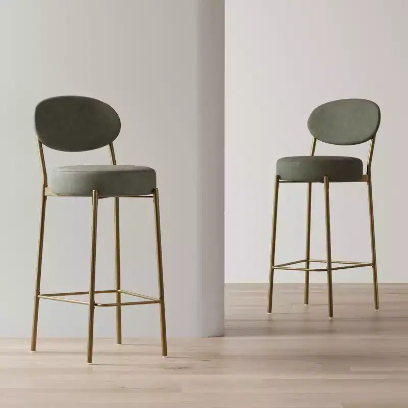 MAYEERTY Juego de 2 taburetes de bar tapizados de 74 cm, taburetes de comedor de piel sintética con patas doradas, sillas redondas modernas verdes para cocina