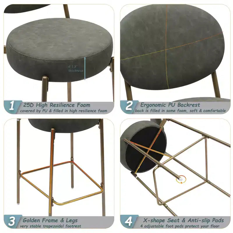 MAYEERTY Juego de 2 taburetes de bar tapizados de 74 cm, taburetes de comedor de piel sintética con patas doradas, sillas redondas modernas verdes para cocina