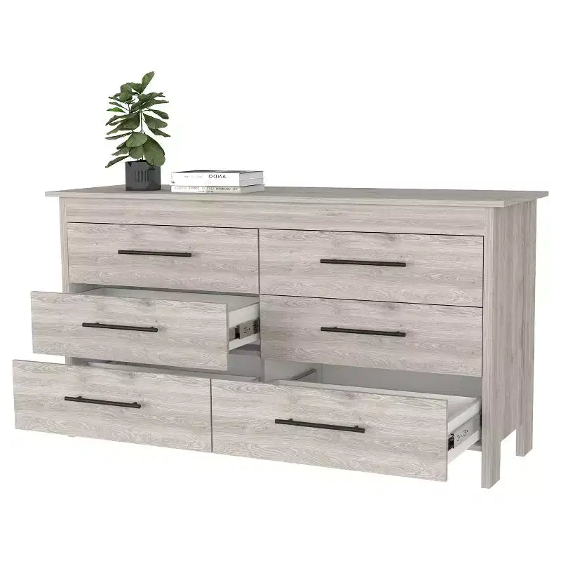 Cómoda moderna rectangular Okak para dormitorio con 6 cajones y tiradores de metal negro, amplio gabinete de almacenamiento para sala de estar, pasillo, entrada
